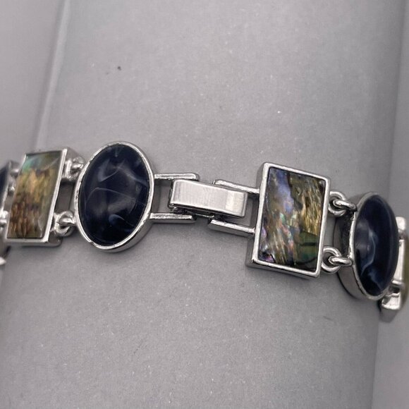 Lia Sophia Jersey Moon faux Abalone and Black Onyx Bracelet Silver Tone 7 Inches - Picture 5 of 7